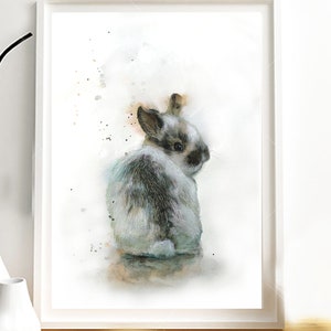 Illustration d'un bébé lapin gris et blanc, impression sur papier dessin, techniques mixtes de peinture animalière.