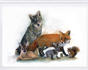 Illustration of forest animals, printing on drawing paper, mixed techniques (painting, pastels, pencils...) of animal painting.