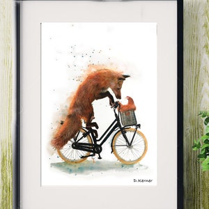 Illustration of a fox on a bike with a hen , an impression on paper drawing,  (paint, pastels, pencils ... ) Of animal paint.