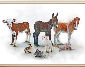 Illustrazione di piccoli animali da fattoria, vitello, asino, puledro, anatroccolo, coniglio, agnello, maiale, stampa su carta da disegno.