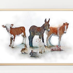 Illustration de bébés animaux de la ferme, veau, âne, poulain, caneton, lapin, agneau, cochon, impression sur papier dessin.
