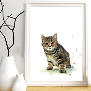 Illustration d'un chaton, impression sur papier dessin, techniques mixtes de peinture animalière.