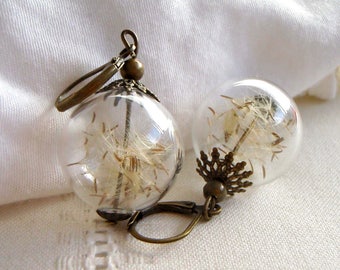 Earrings egrets of dandelions and glass pearls craft. Bronze. Dried flowers.