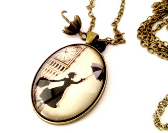 Necklace long necklace oval cabochon: Mary Poppins and Bigben, black London, pearl and umbrella, bronze.