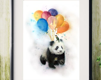 Illustration of a panda hanging from multicolored balloons.