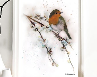 Illustration of a robin on a flowering branch, printed on drawing paper.
