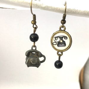 Small mismatched dyed earrings vintage phone and black beads.