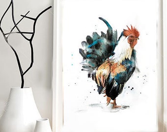 Illustration of a rooster, print on drawing paper, mixed techniques (paint, pastels, pencils...).