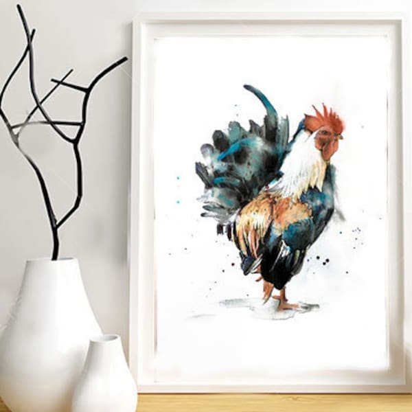 Illustration d'un coq, impression sur papier dessin, techniques mixtes ( peinture, pastels, crayons... ).