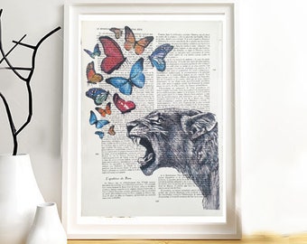 Lioness with multicolored butterflies, print on vintage paper. Original page from a book. Wall decoration.