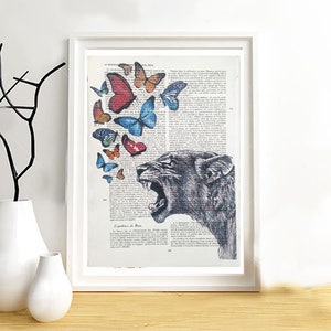 Lioness with multicolored butterflies, print on vintage paper. Original page from a book. Wall decoration. image 1