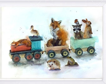 Illustration of animals on a toy train