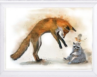 Illustration of a fox, a raccoon and a robin.