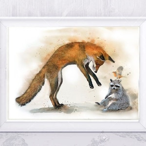 Illustration d'un renard, un raton laveur et un rouge gorge. image 1