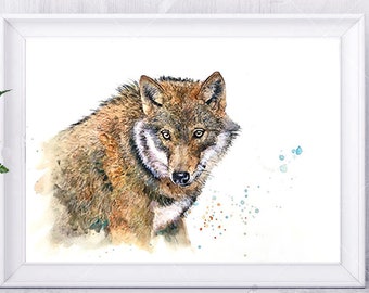 Illustration d'un loup, impression sur papier dessin, techniques mixtes ( peinture, pastels, crayons... ).