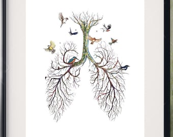 Lungs tree, nature, anatomical lithograph, bird, print on vintage paper. Original page from a book. Wall decoration.