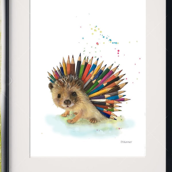 Illustration hérisson avec crayons de couleurs, impression de peinture animalière.