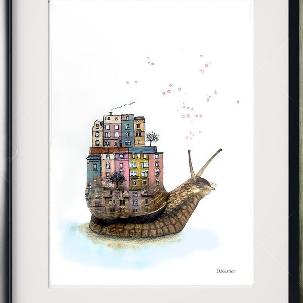 Illustration escargot avec ses maisons, dessin sur papier de peinture animalière.