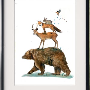 Illustration animaux de la forêt, impression sur papier dessin, techniques mixtes ( peinture, pastels, crayons... ) de peinture animalière.