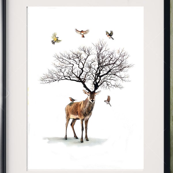 Illustration cerf et arbre, impression sur papier dessin.