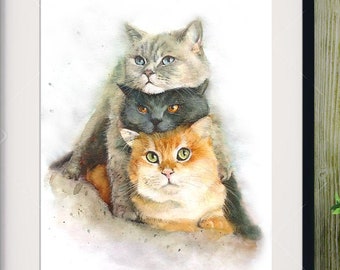 Illustration of the pyramid of three cats, print on drawing paper, mixed animal painting techniques.