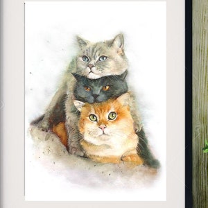 Illustration of the pyramid of three cats, print on drawing paper, mixed animal painting techniques.