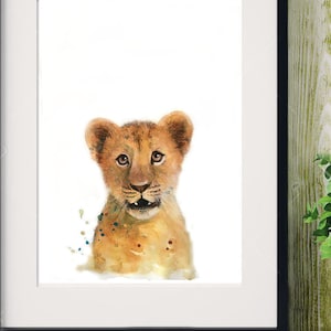 Illustration d'un bébé lion, impression sur papier dessin, techniques mixtes de peinture animalière.