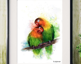 Illustration of a couple of inseparable birds on a branch.