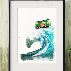 Illustration minivan riding the wave, drawing on paper. Printable Wall Art, Vans, VW.
