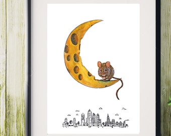 Mouse illustration on an Emmental moon above a city, drawing on animal painting paper.