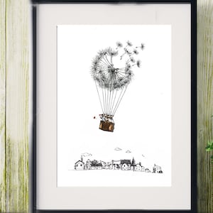 Illustration montgolfière pissenlit survolant une ville, impression numérique d'illustration originale.