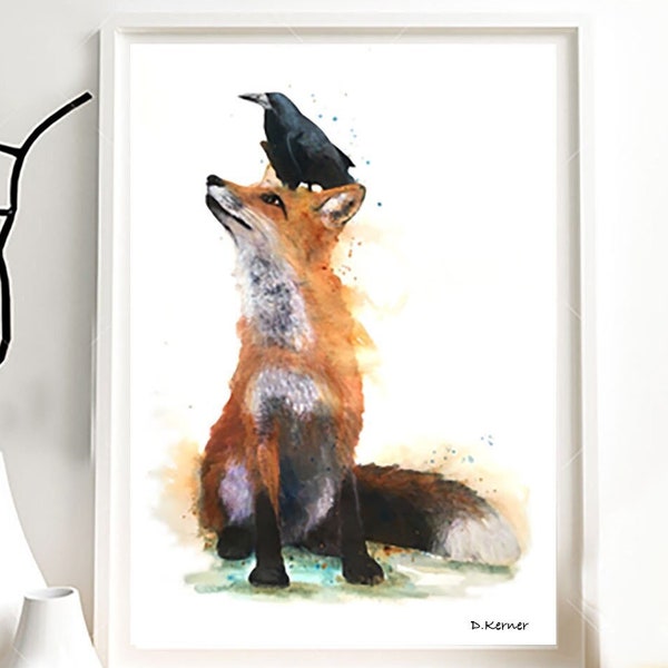 Illustration of a fox and a raven, an impression on paper drawing, mixed techniques (paint, pastels, pencils ... ) Of animal paint.