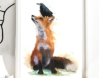 Illustration d'un renard avec un corbeau sur la tête.