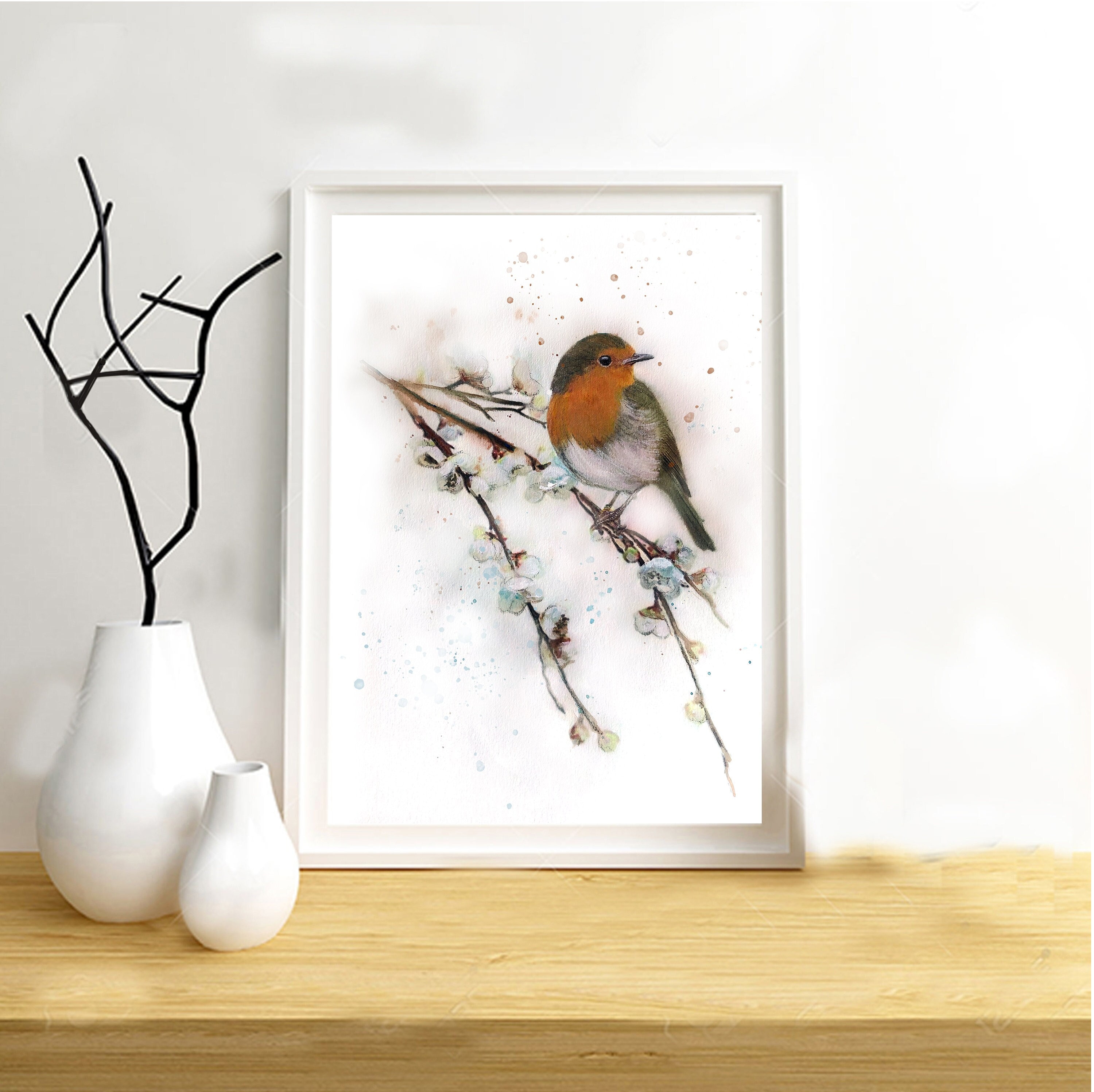 Illustration d'un Rouge Gorge sur Une Branche Fleurie, Impression Papier Dessin.