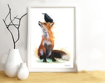 Illustration of a fox and a raven, an impression on paper drawing, mixed techniques (paint, pastels, pencils ... ) Of animal paint.