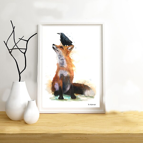 Illustration of a fox and a raven, an impression on paper drawing, mixed techniques (paint, pastels, pencils ... ) Of animal paint.