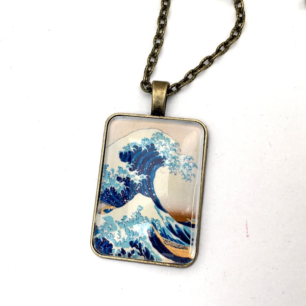 Collier cabochon rectangulaire, illustration la vague d’Hokusai.