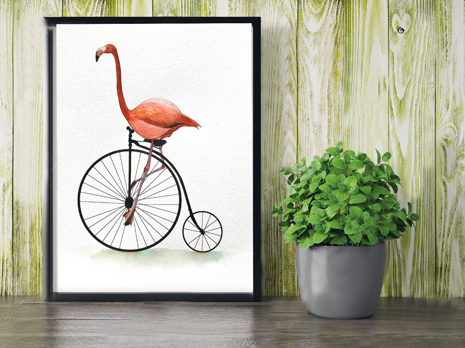 Illustration Flamingo on Old Bike Bird Print on Vintage Paper