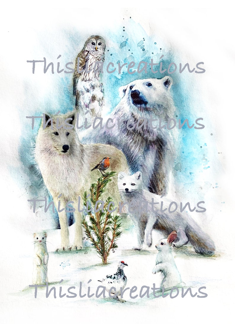 Illustration of white animals, on the snow, printing on drawing paper. image 2