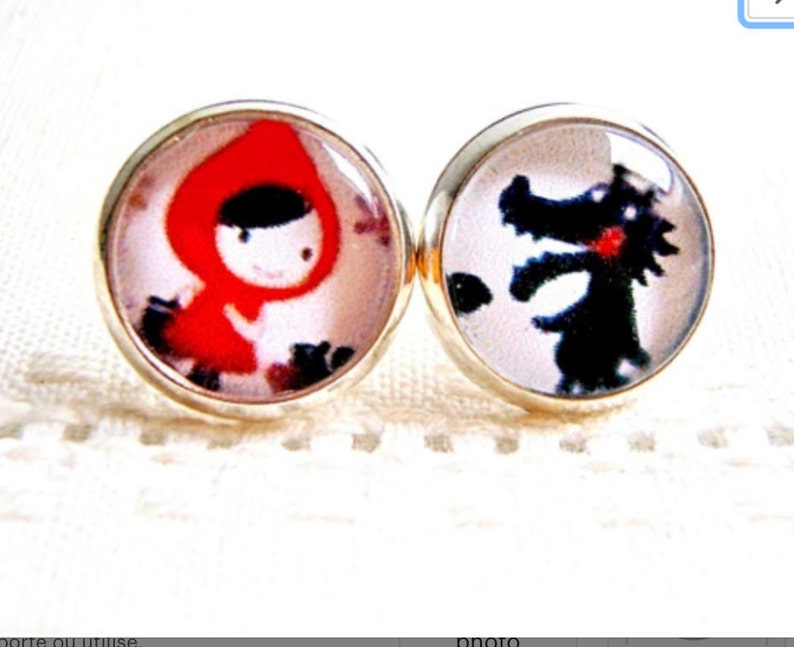 Earrings: Little Red Riding Hood. Boucles d'oreille, en métal argenté, le petit chaperon rouge et le loup. Bijoux enfant ou adulte. image 4