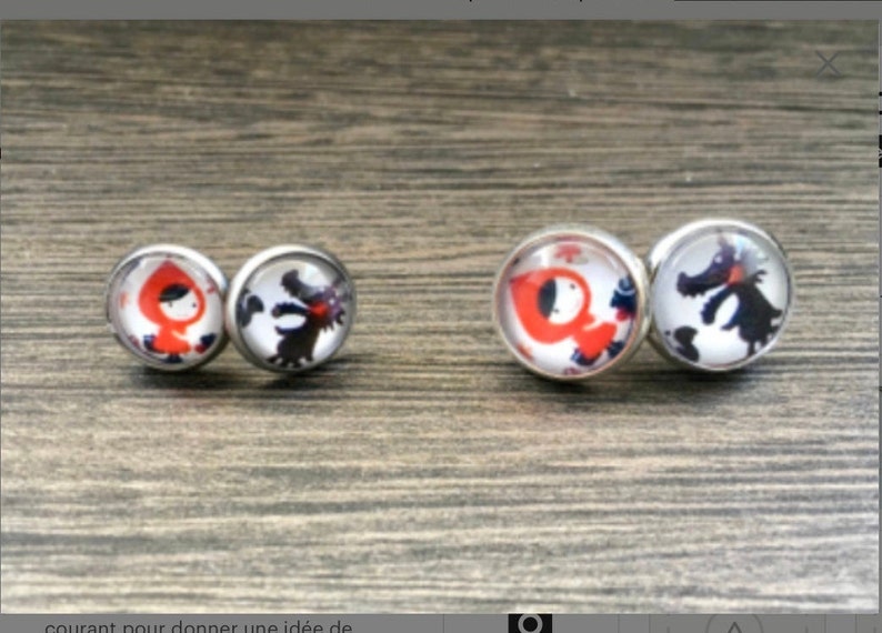 Earrings: Little Red Riding Hood. Boucles d'oreille, en métal argenté, le petit chaperon rouge et le loup. Bijoux enfant ou adulte. Puces, 1 cm