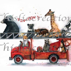 Ilustración de un camión de bomberos, animales, impresión sobre papel de dibujo. imagen 3