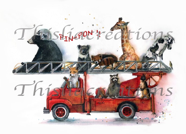 Illustratie van een brandweerwagen, dieren, afdrukken op tekenpapier. afbeelding 3