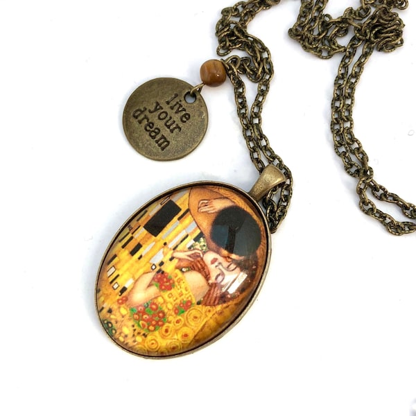 Halskette Halskette Cabochon ovales Glas Vintage Bronze, Klimts Kuss, Tigeraugeperle, Medaille