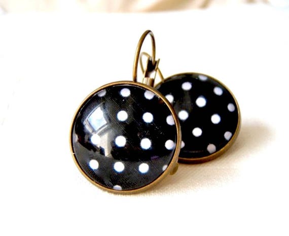 Boucles D'oreilles Jaunes à Pois Noirs - Clous Plastique - Dimension 4,9 Cm