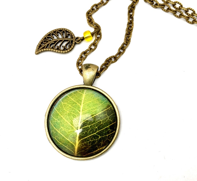 Collier cabochon, feuille d'arbre verte, bronze, verre, perle de rocaille. image 1