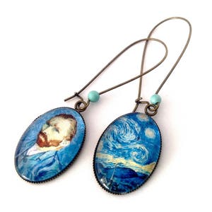 Oval dangling earrings: Vincent Van Gogh and the starry night.