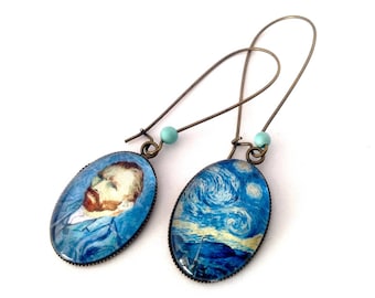 Oval dangling earrings: Vincent Van Gogh and the Starry Night.