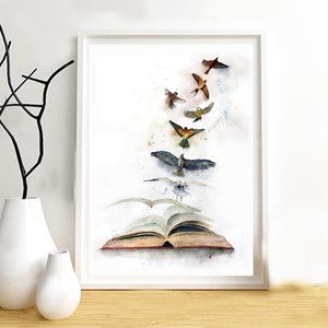 Illustration of book pages transforming into a flock of birds. Painting on paper, mixed technique.