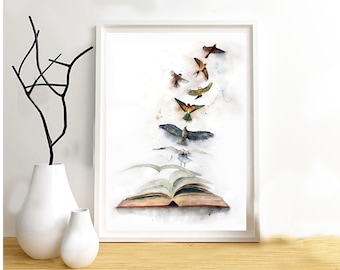 Illustration of book pages transforming into a flock of birds. Painting on paper, mixed media.